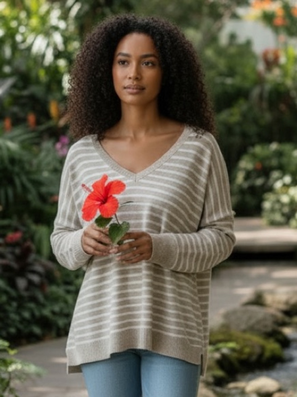 Love Tree Women's Striped V-Neck Sweater in Beige and White